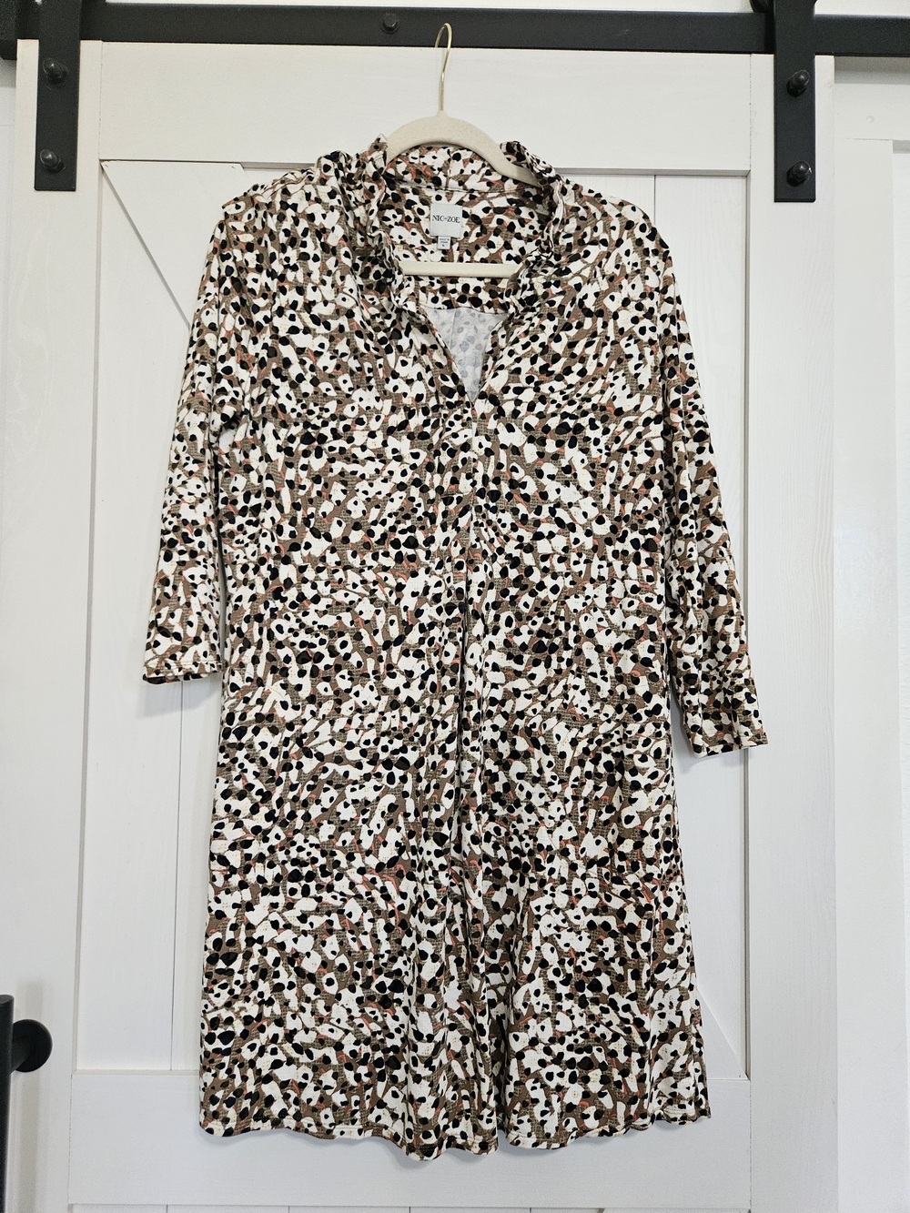NIC+ZOE White, Brown and Black Printed Midi Shirt Dress